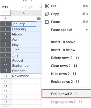 gộp nhóm và bỏ gộp nhóm hàng và cột trong Google Sheets