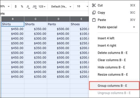 gộp nhóm và bỏ gộp nhóm hàng và cột trong Google Sheets