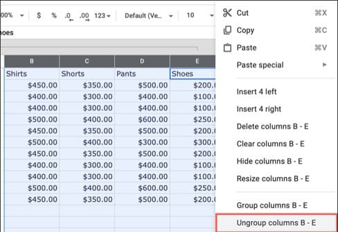 gộp nhóm và bỏ gộp nhóm hàng và cột trong Google Sheets